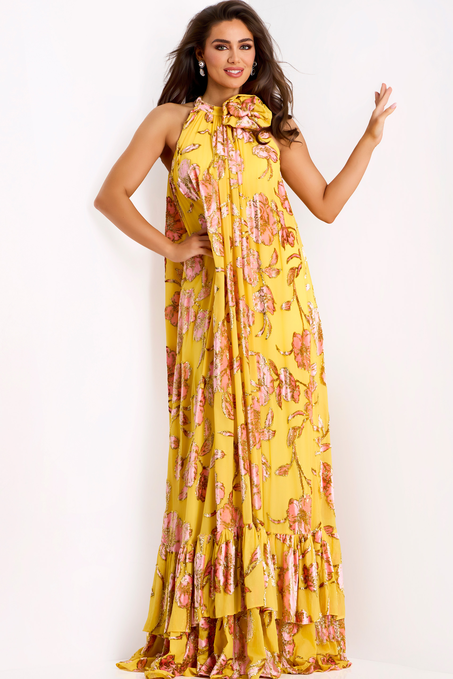 Flowy Yellow Gown With Sequin Flowers