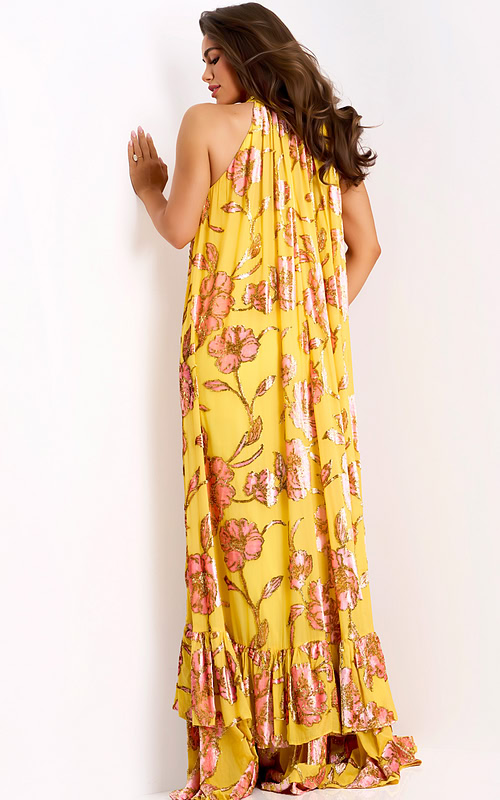 Yellow Floral Halter Dress With Ruffles