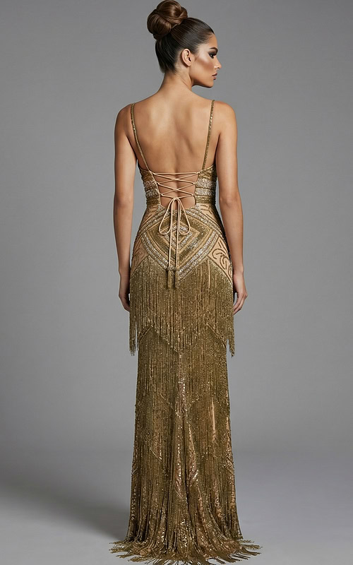 Back view of off shoulder gown with ruffled bodice and smooth flowing skirt