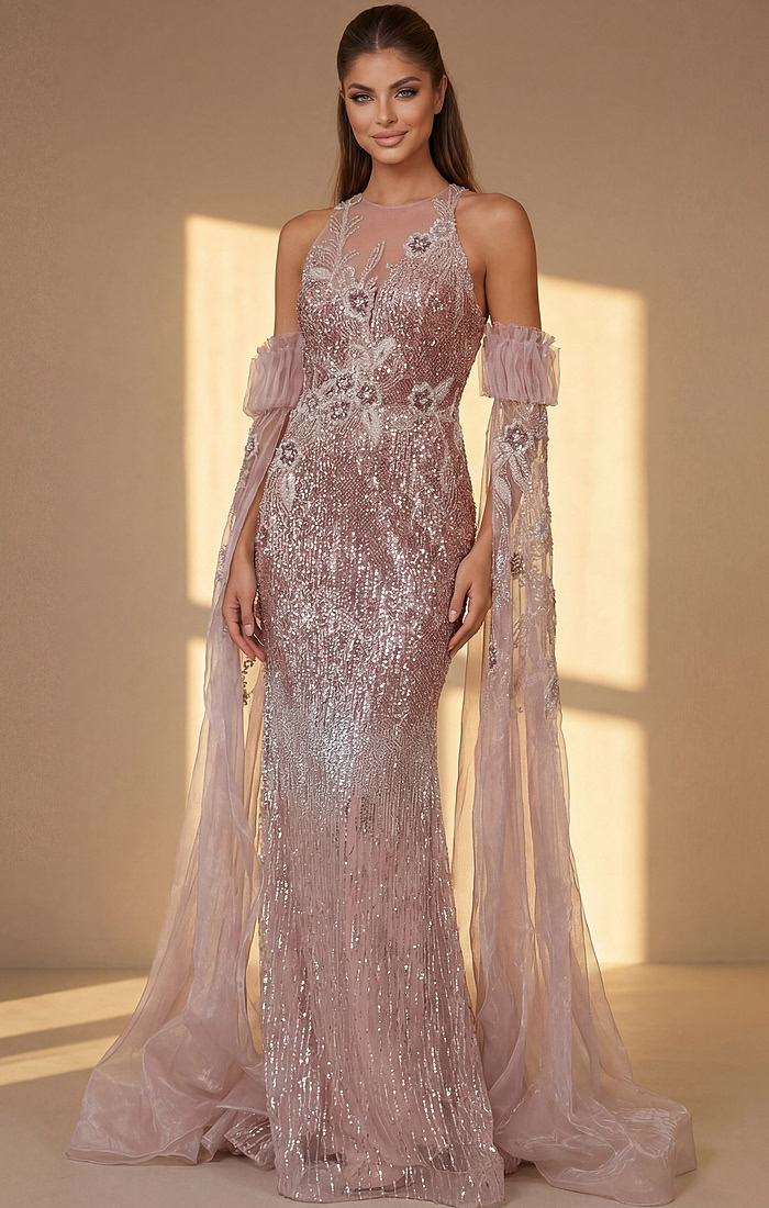 Embellished Sheer Sleeve Gown with Halter Neckline 46674