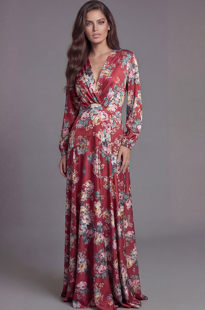 Flowing floral print gown with deep V neckline and full skirt