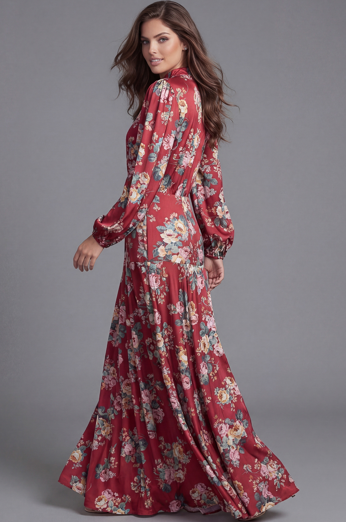 Vintage inspired floral gown with V neck and gathered waist