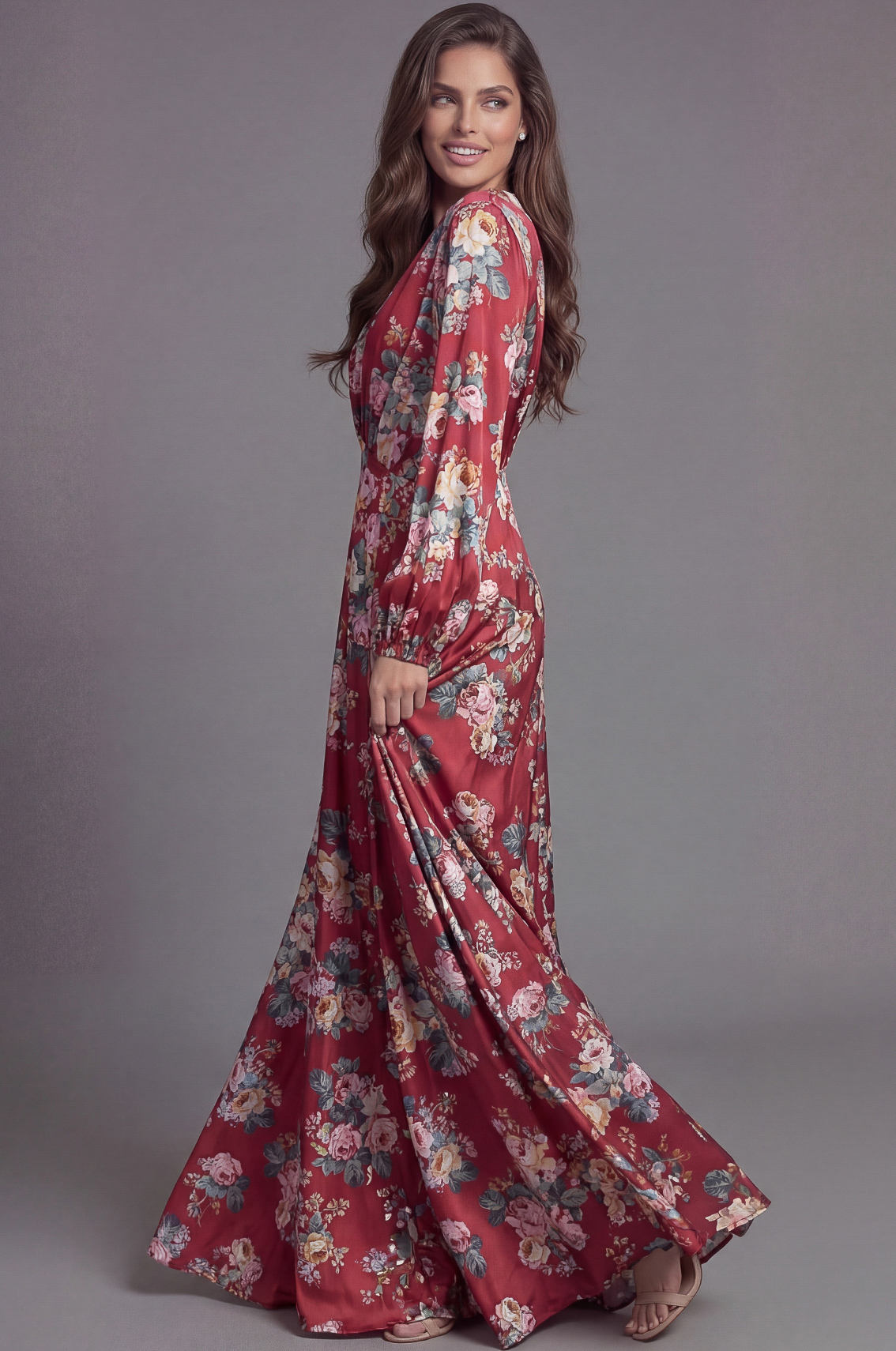 Romantic floral maxi dress with long sleeves and draped bodice