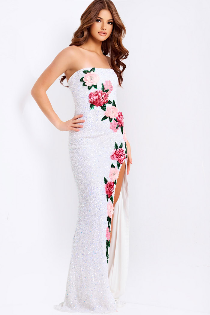 Sparkling strapless floral prom gown with fitted shape