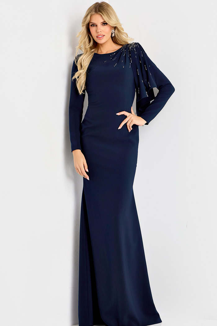 Long sleeve formal gown with asymmetrical draped shoulder accent
