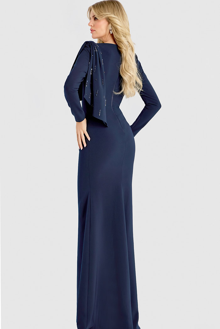 Long sleeve formal gown with asymmetrical draped shoulder accent