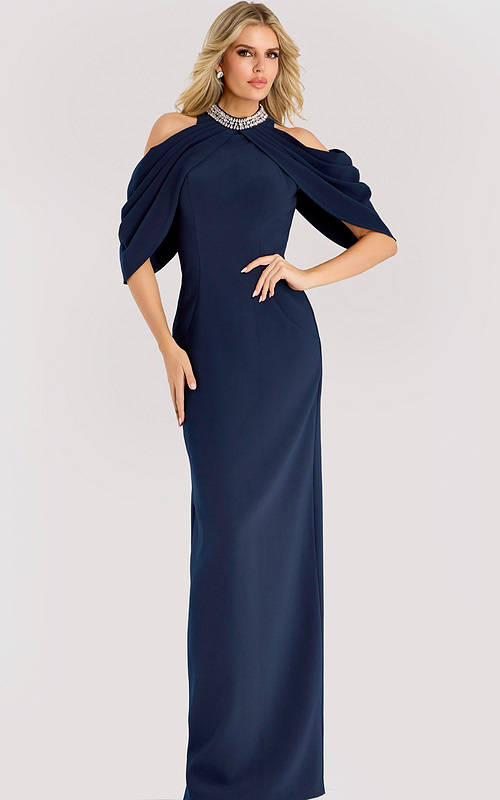 Navy cold shoulder gown with draped cape sleeves and a beaded neckline, tailored in a sleek column silhouette for a refined formal look.