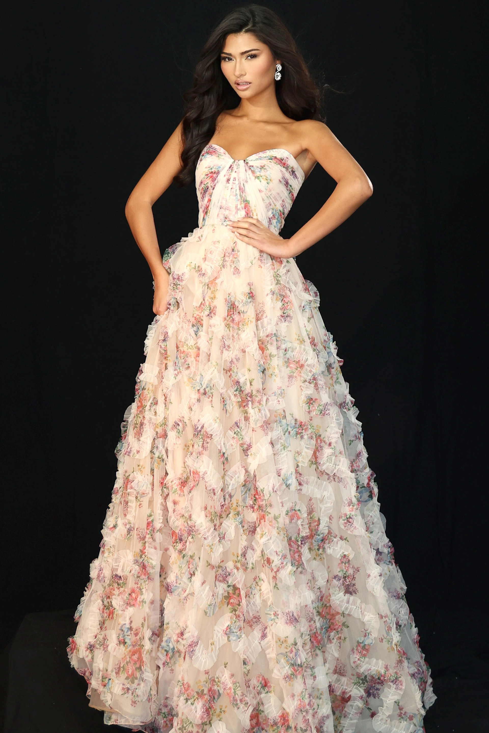 Front view of strapless beaded gown with corset bodice and tulle skirt
