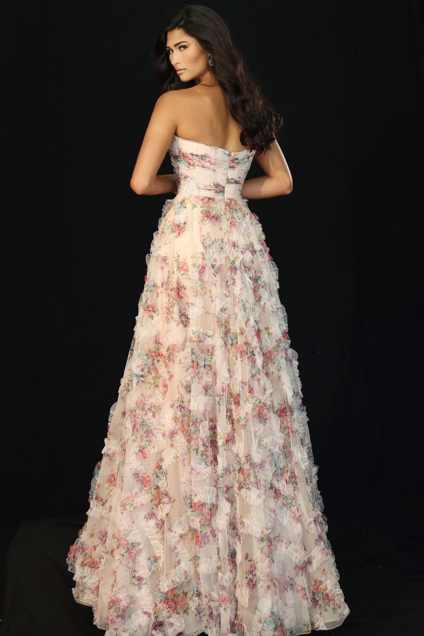 Back view of strapless gown with shimmering beadwork and sheer corset design