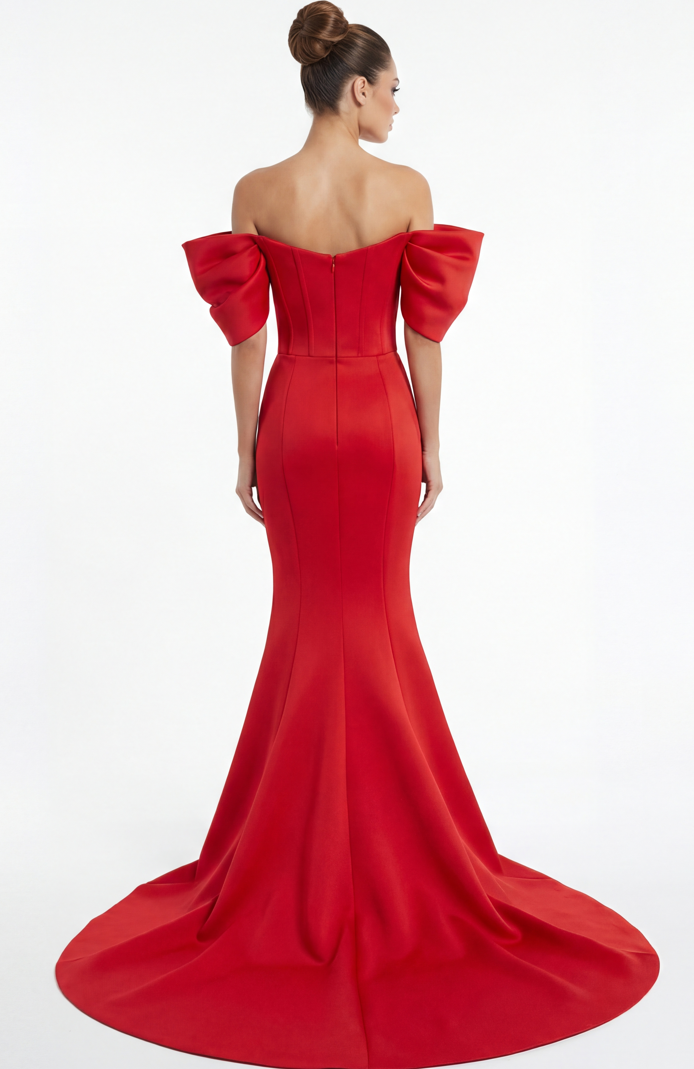 Back view of off shoulder mermaid gown with fitted silhouette and flowing train