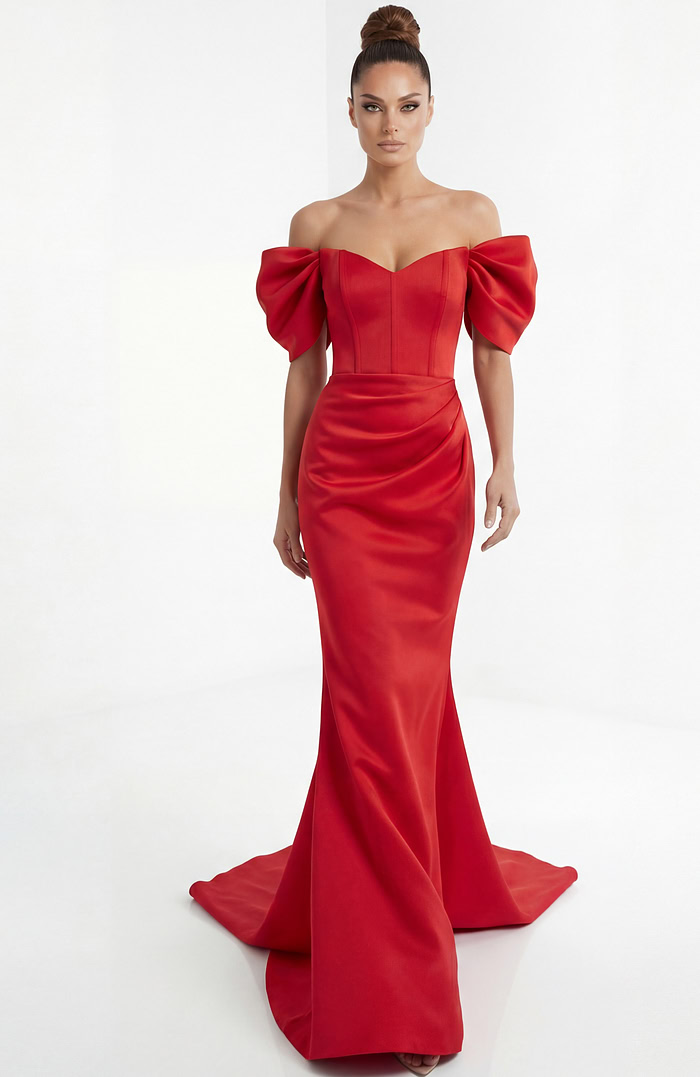 off shoulder mermaid gown with defined waist and elegant flared hem