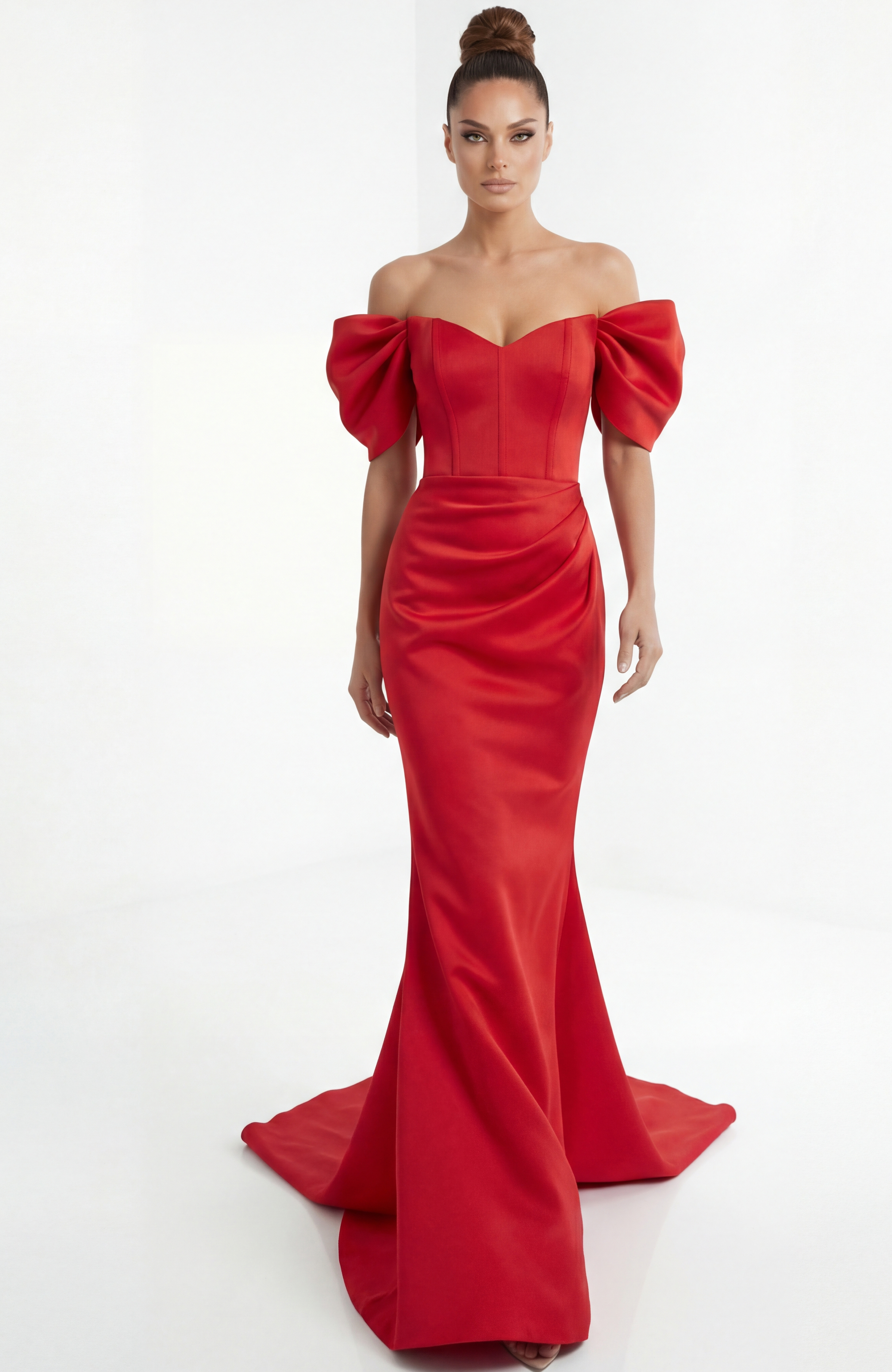 off shoulder mermaid gown with defined waist and elegant flared hem