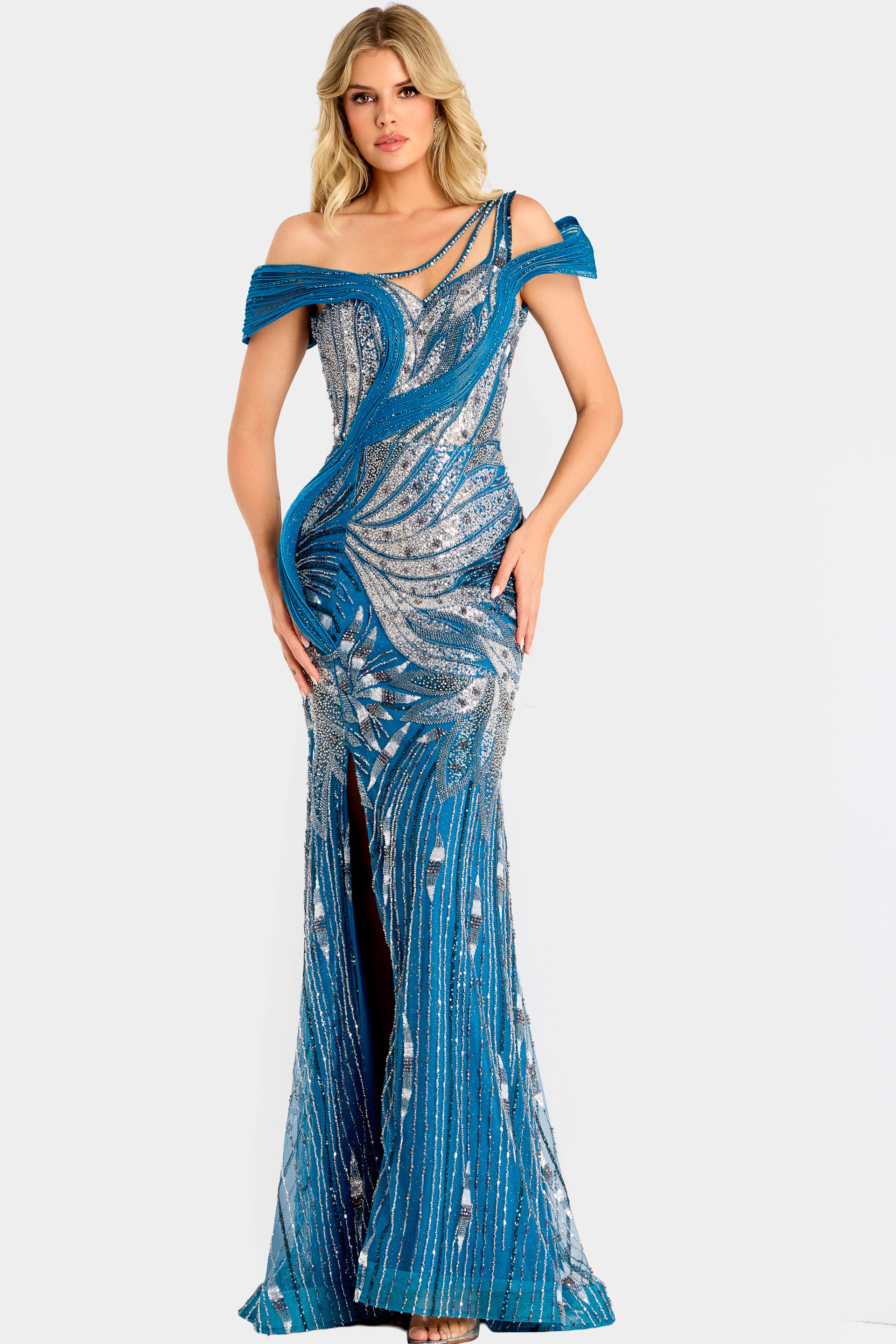 Beaded mermaid gown with asymmetric neckline and shimmering leaf design