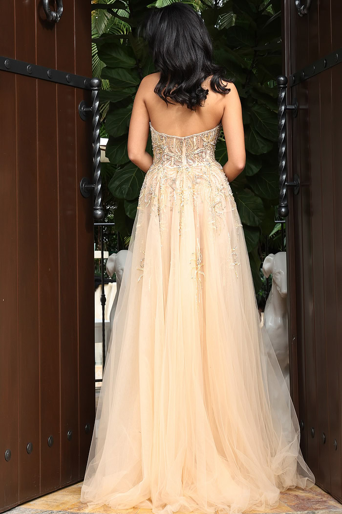 Nude Gold Strapless Beaded Tulle Gown 46879