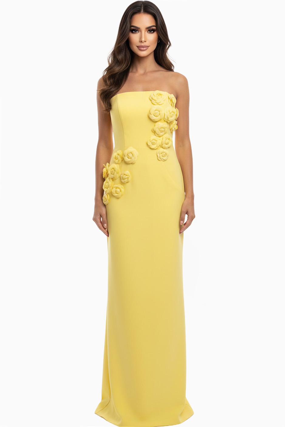 Strapless column gown with 3D floral appliqués 46884
