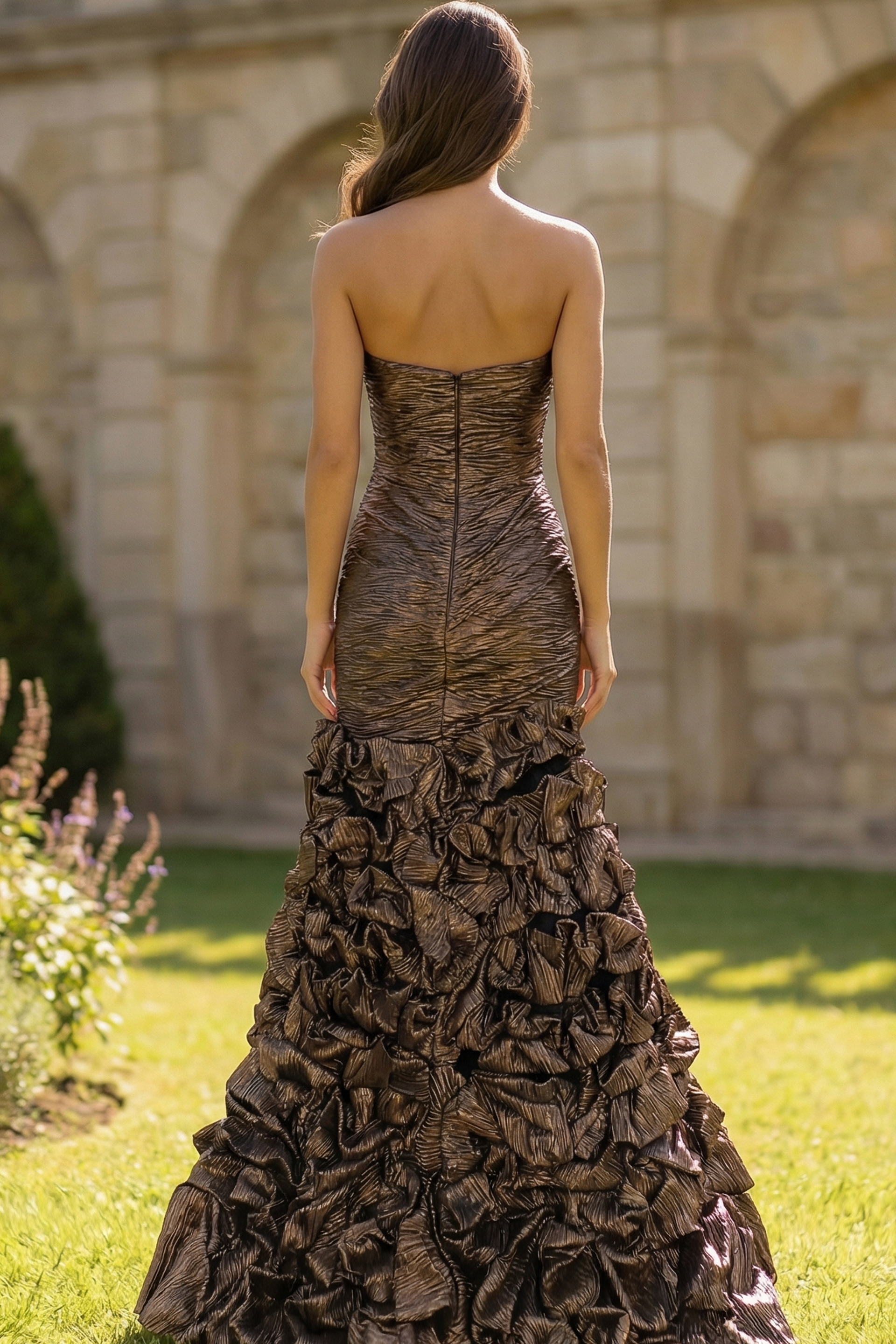 Elegant strapless gown with sculpted bodice and dramatic hem detail