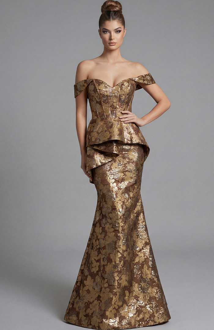 Front view of off shoulder mermaid gown with sculpted bodice, peplum detail, and metallic floral brocade