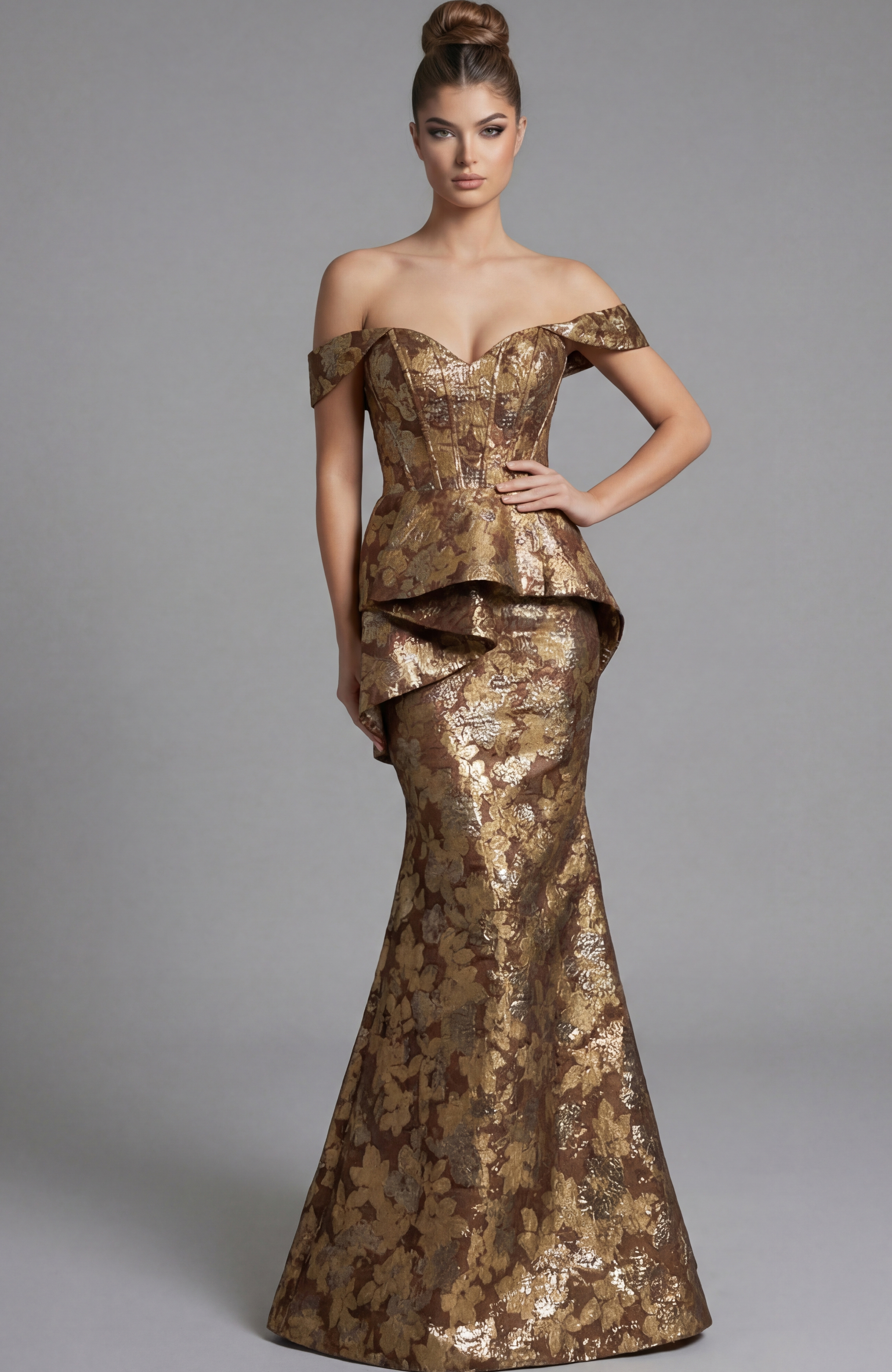 Front view of off shoulder mermaid gown with sculpted bodice, peplum detail, and metallic floral brocade