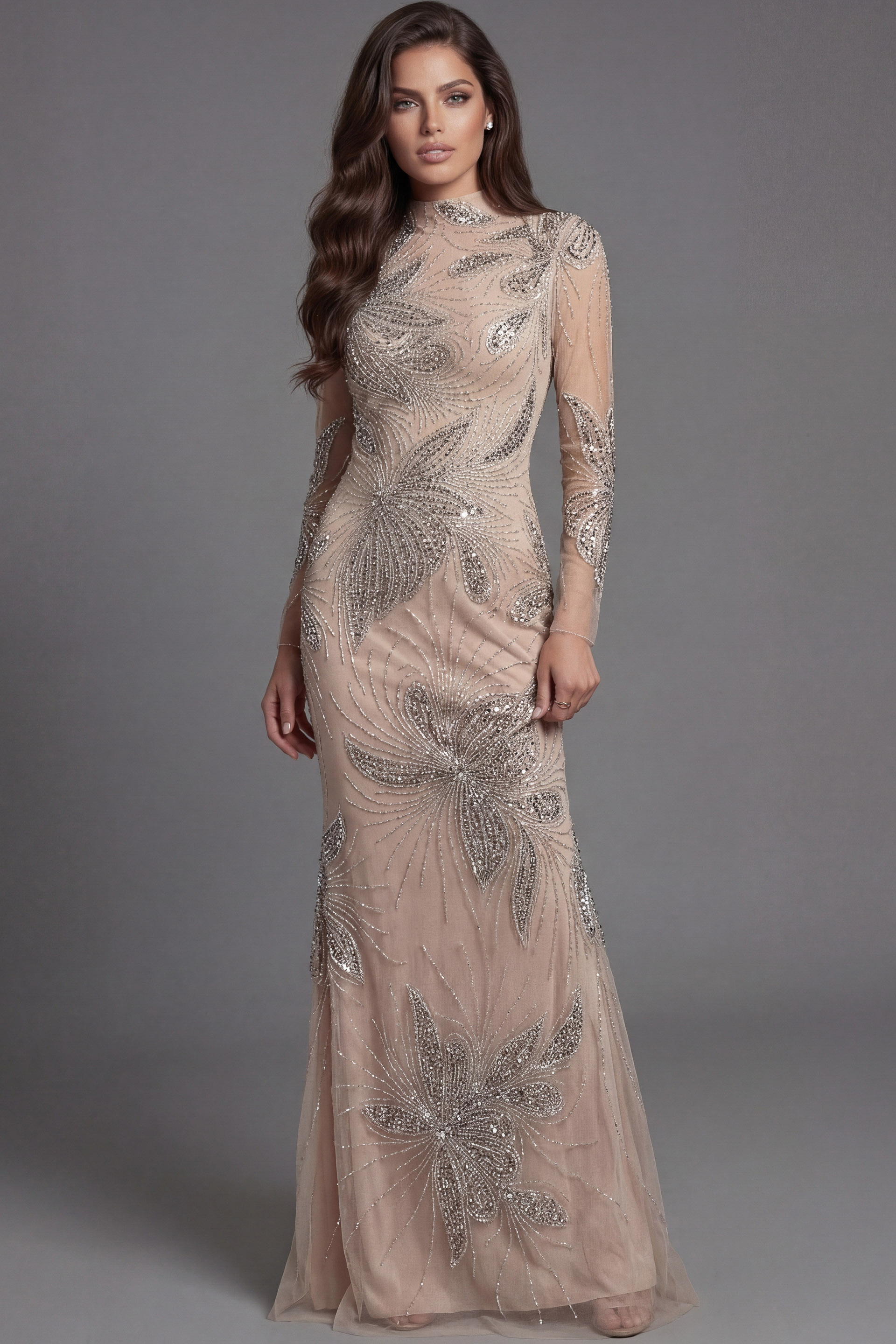 Fitted nude gown with detailed beaded pattern and sheer sleeves