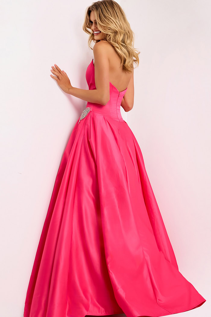 Elegant pink satin prom dress with full skirt