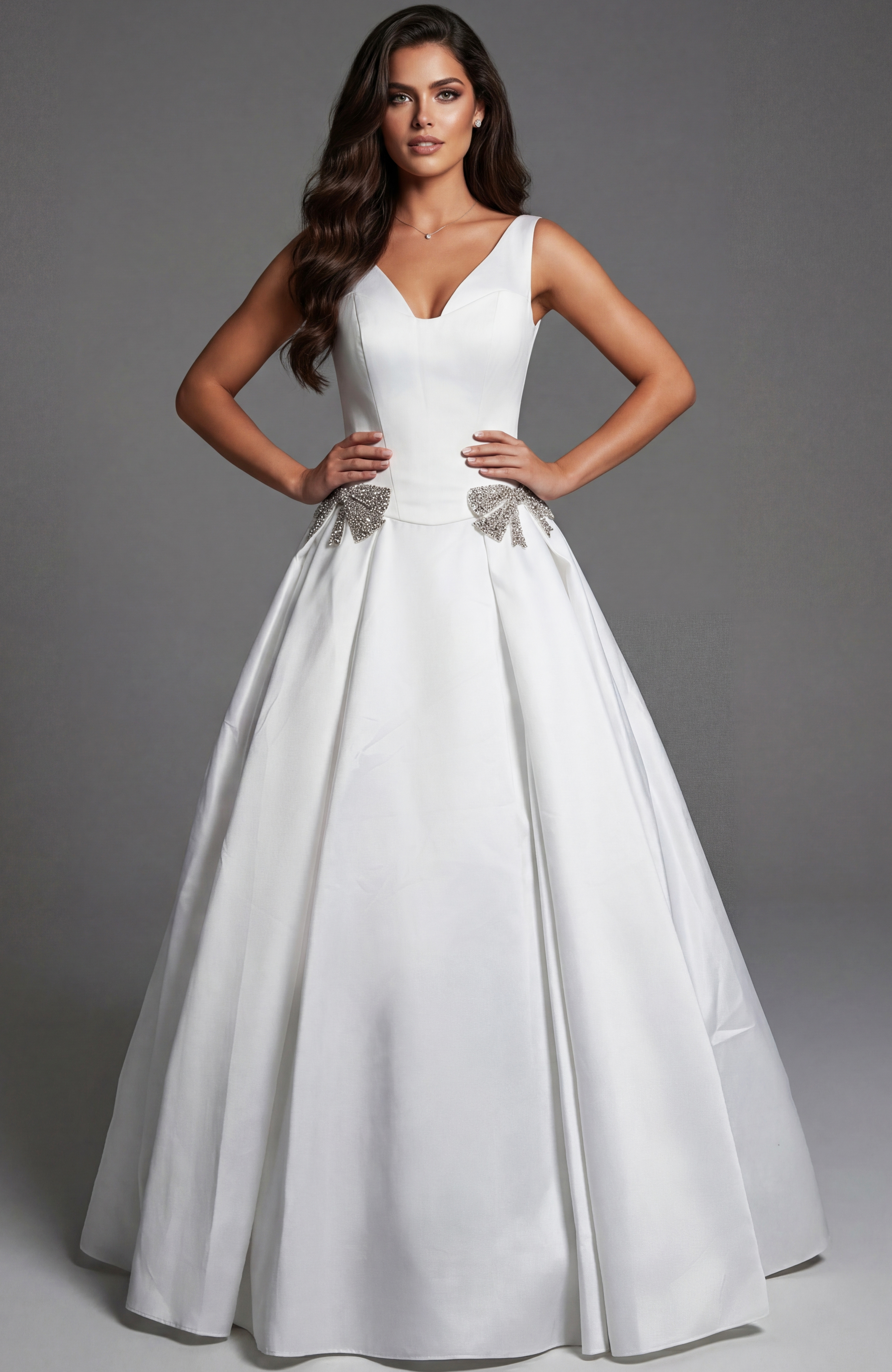 V neckline White ball gown 47096