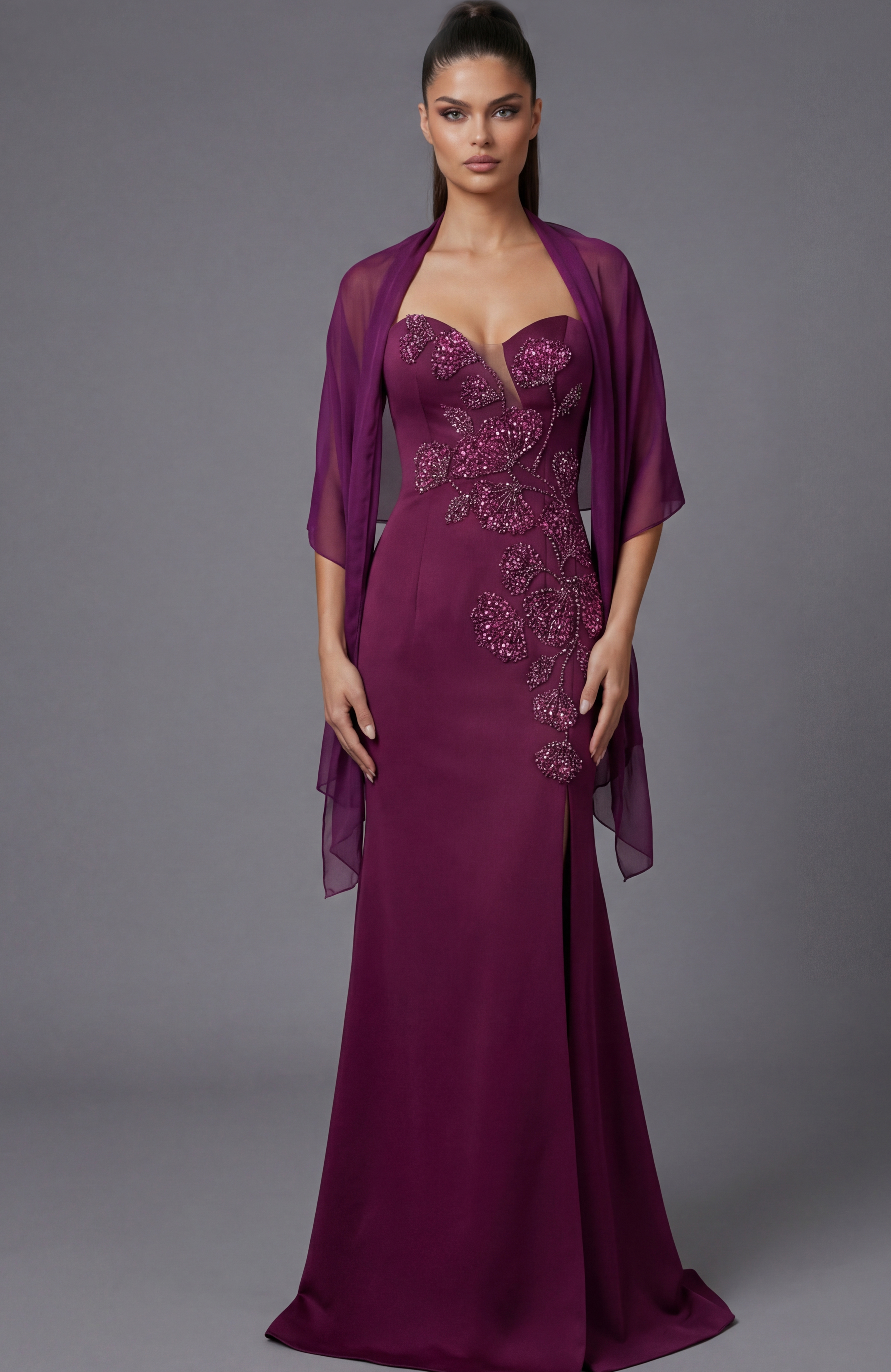 Front view of strapless evening gown with detailed beadwork and long skirt