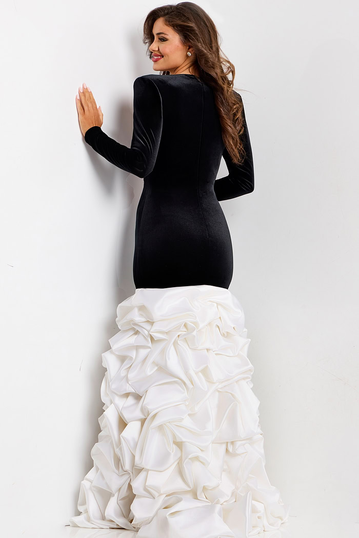 Jovani velvet long sleeve gown with ruffled white skirt