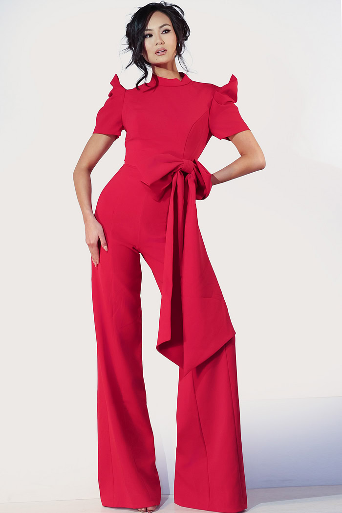 Elegant red jumpsuit with puff sleeves and oversized waist bow