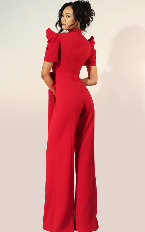 Tailored jumpsuit featuring short sleeves and dramatic side tie