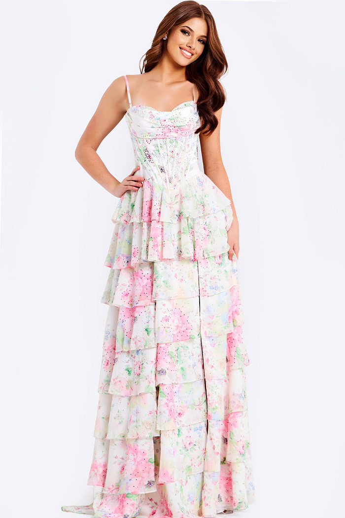 Romantic floral print dress with lace-up back