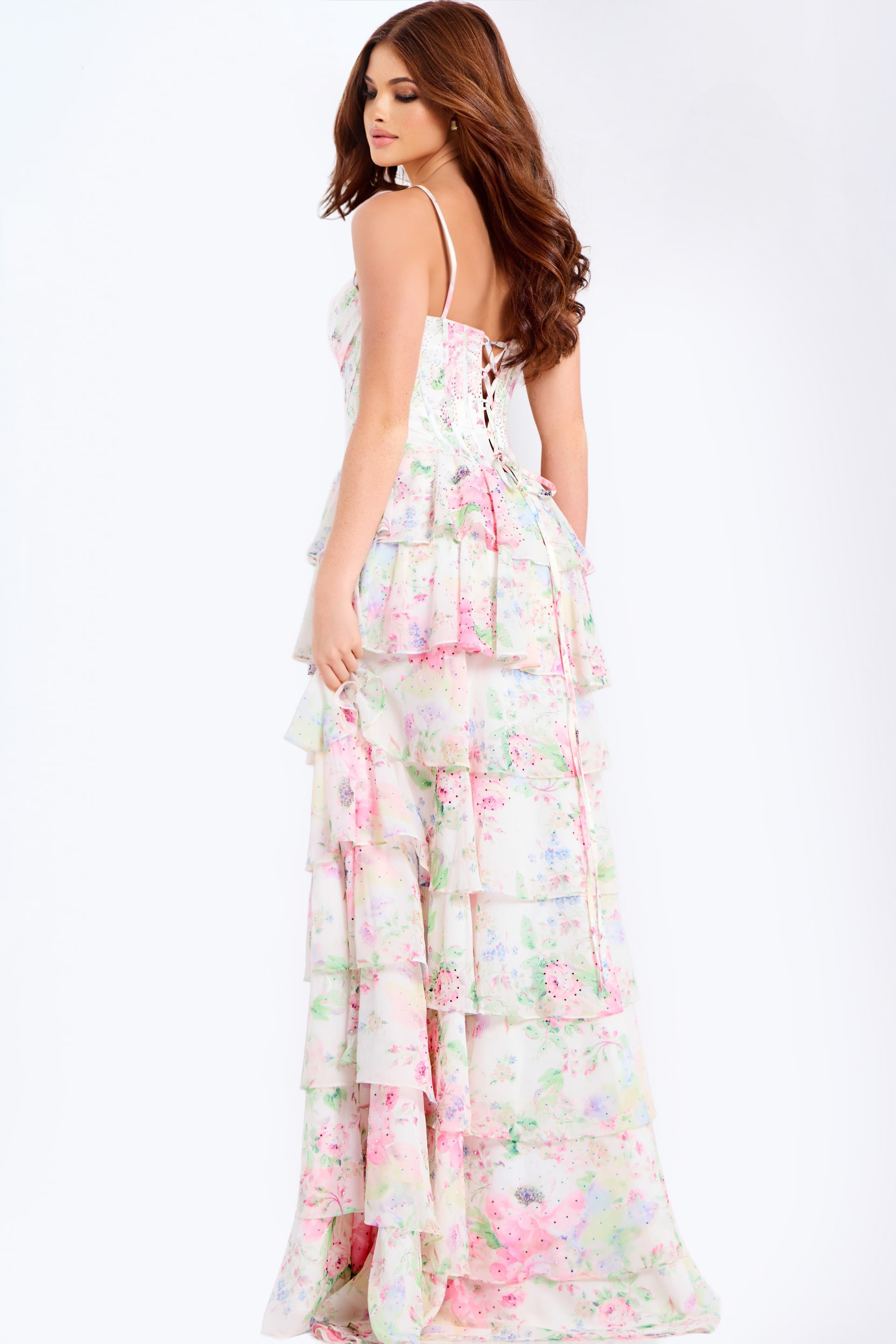 Pastel garden-inspired layered prom gown