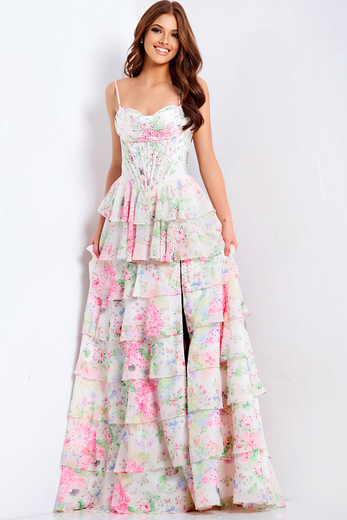 Floral corset prom dress with tiered ruffles