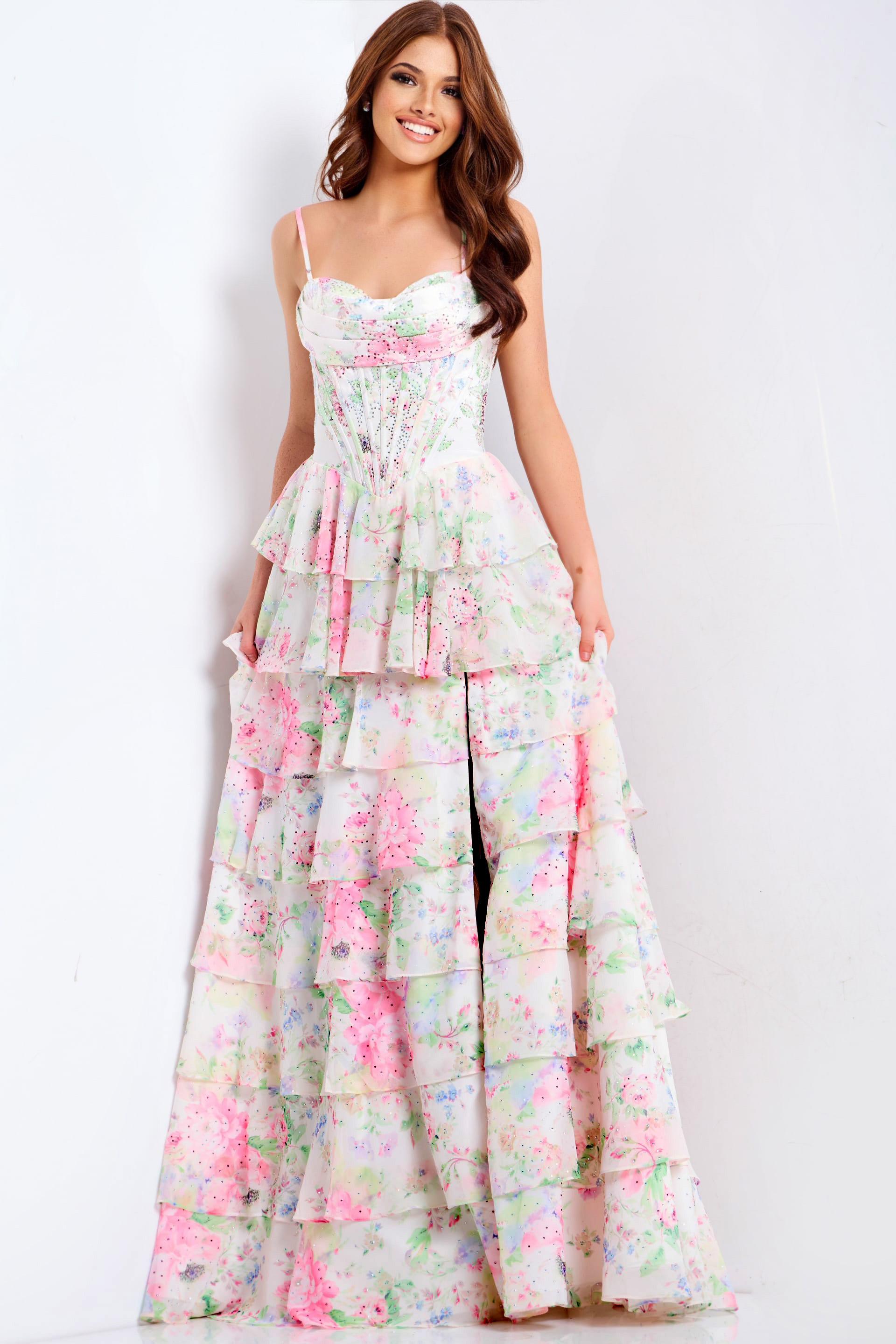 Floral corset prom dress with tiered ruffles