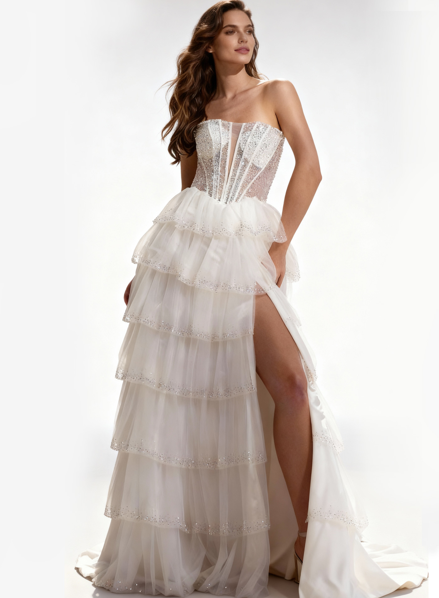 Strapless sequin corset prom dress with lace-up back