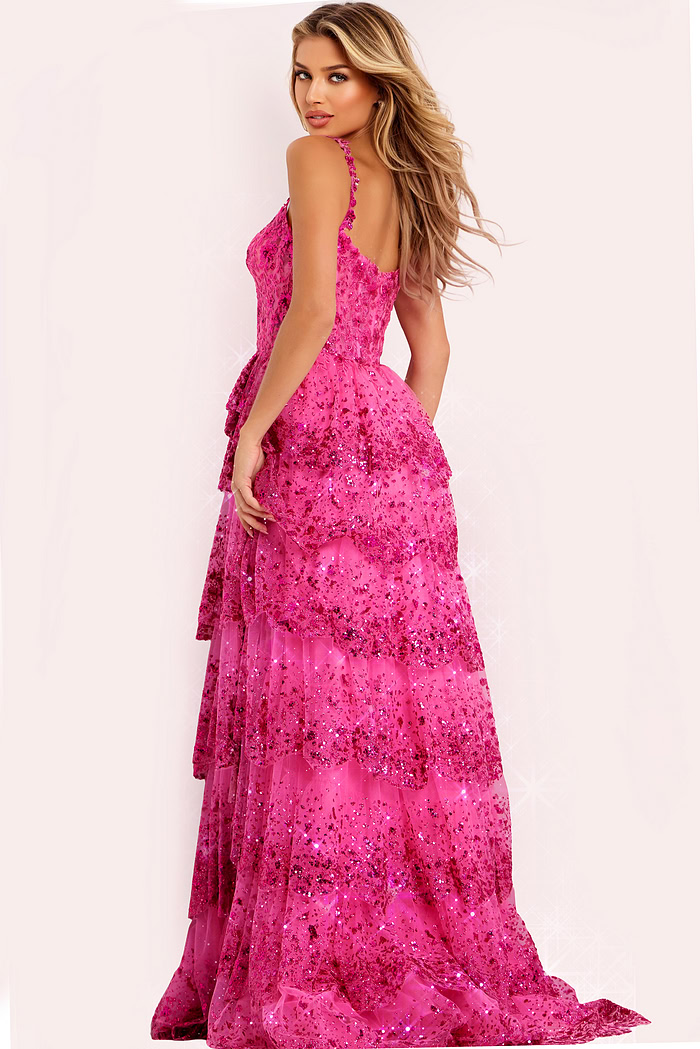 Layered tulle prom gown with sparkling sequins and fitted bodice