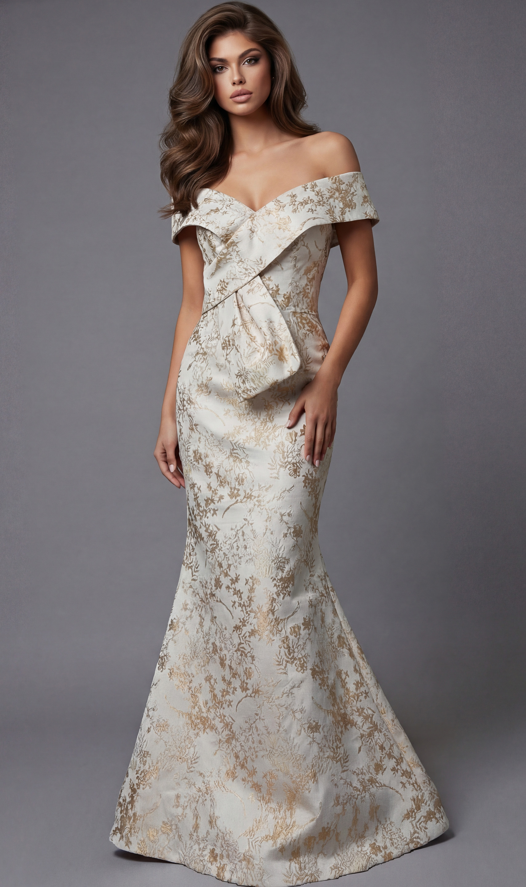 Front view of an off the shoulder fitted evening gown with a structured bodice and flared hem