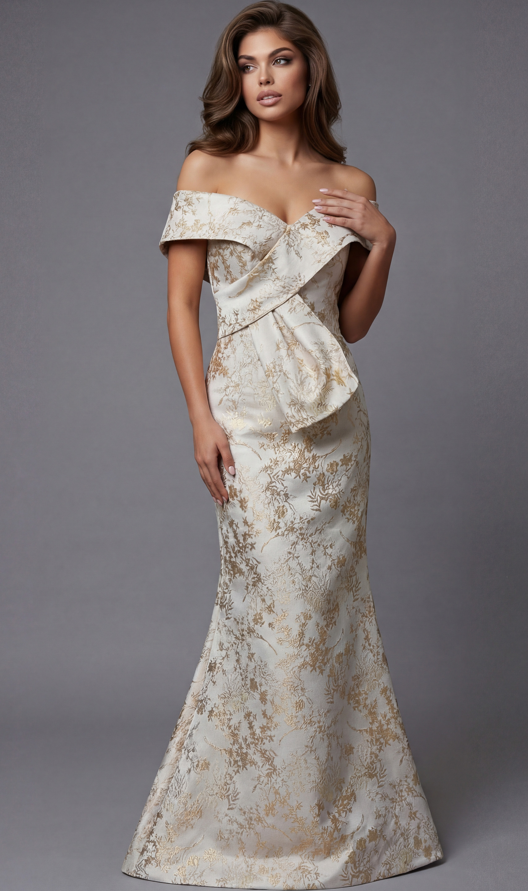 Front angled view of an off the shoulder formal dress with a sculpted waist detail