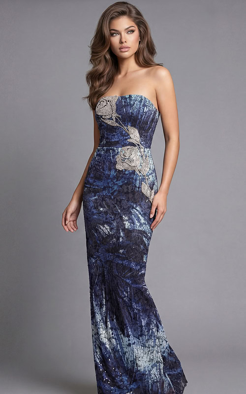 Full length front view of a strapless formal gown with floral beadwork and straight silhouette