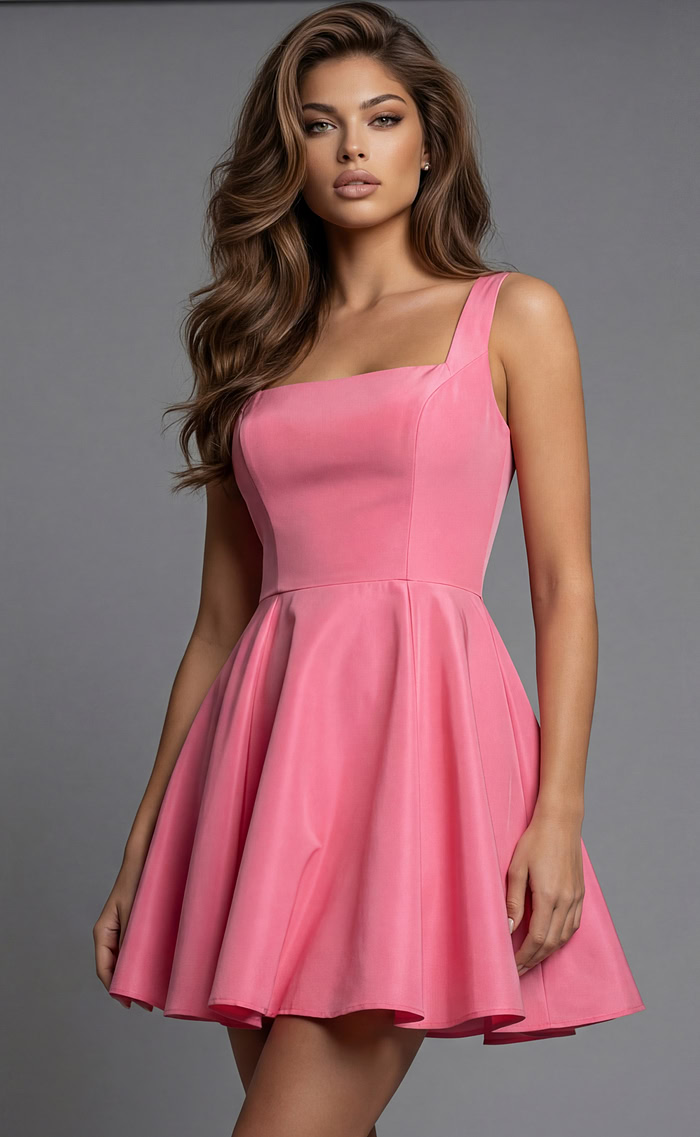Sleeveless fitted dress with square neckline and softly flared skirt in smooth fabric