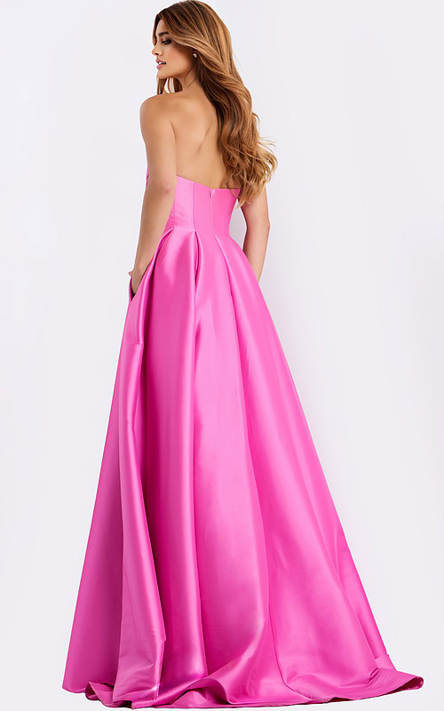 Elegant satin prom dress featuring full skirt and side pockets