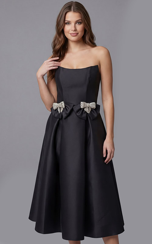 black strapless midi dress with fitted bodice and smooth pleated skirt