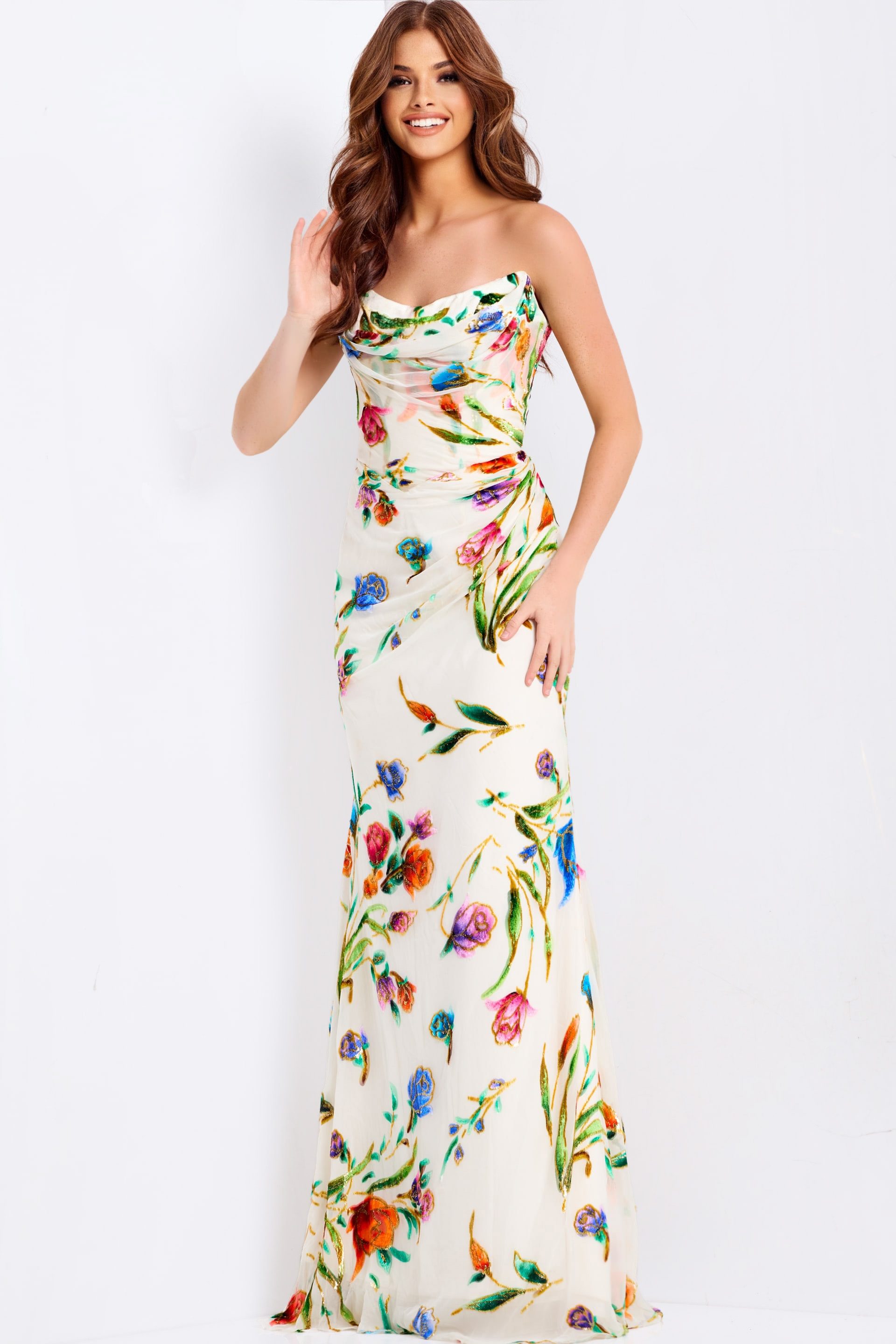 Sleek floral evening gown with soft drape neckline