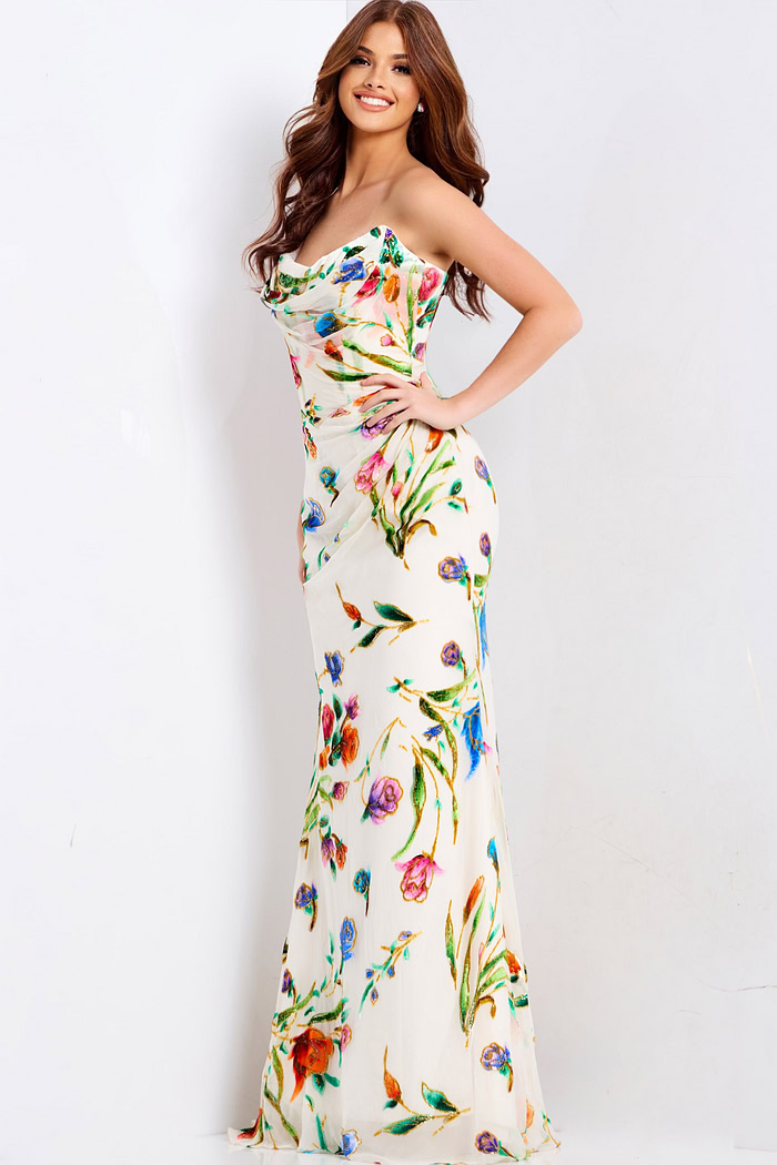 Vibrant flower pattern strapless prom dress