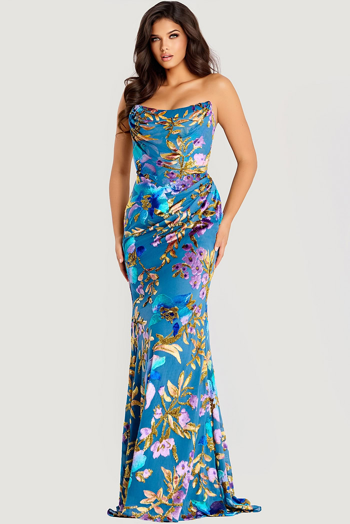 Strapless floral sequin gown with draped neckline and fitted silhouette