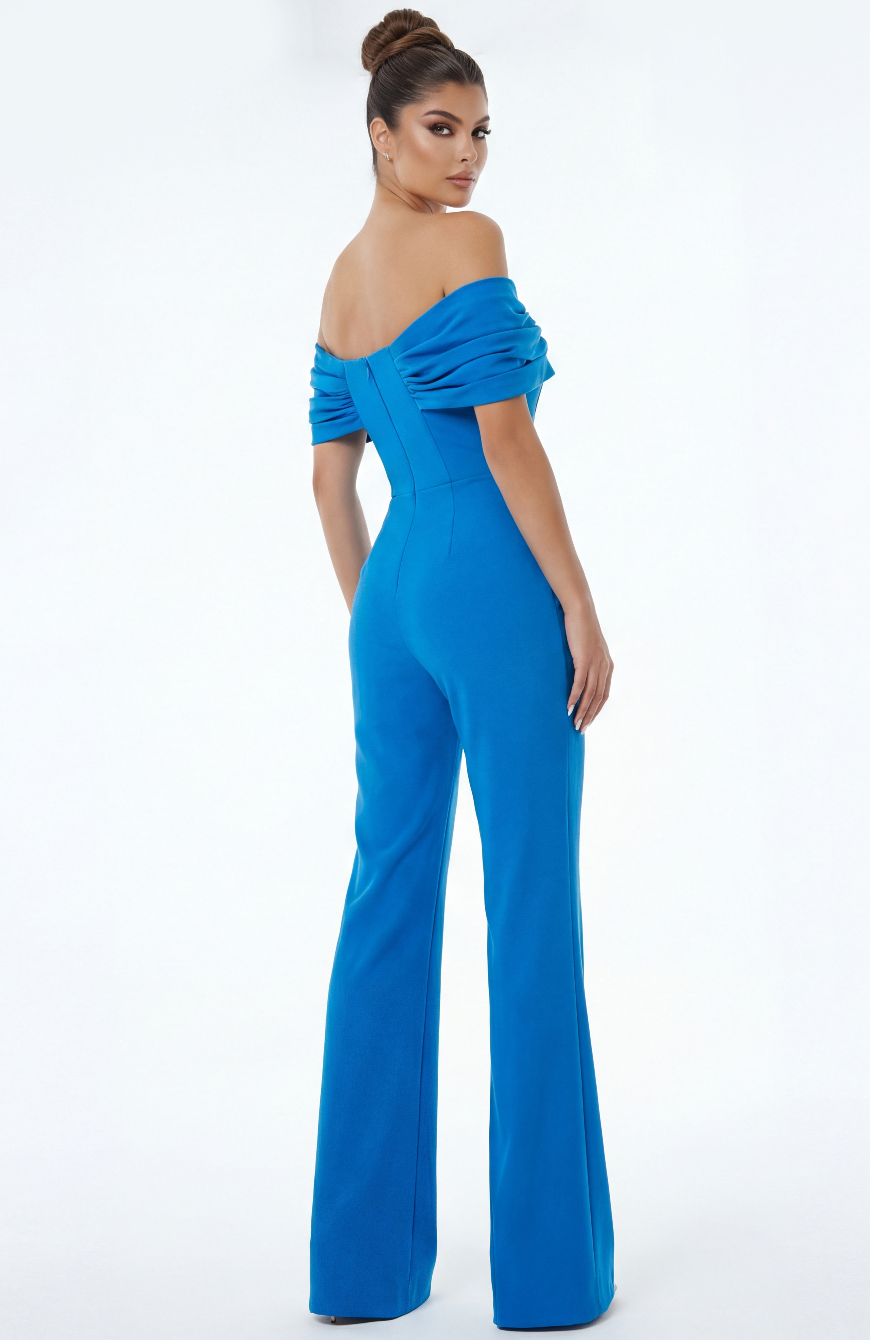 Back view of off shoulder wide leg jumpsuit with draped neckline and fitted waist