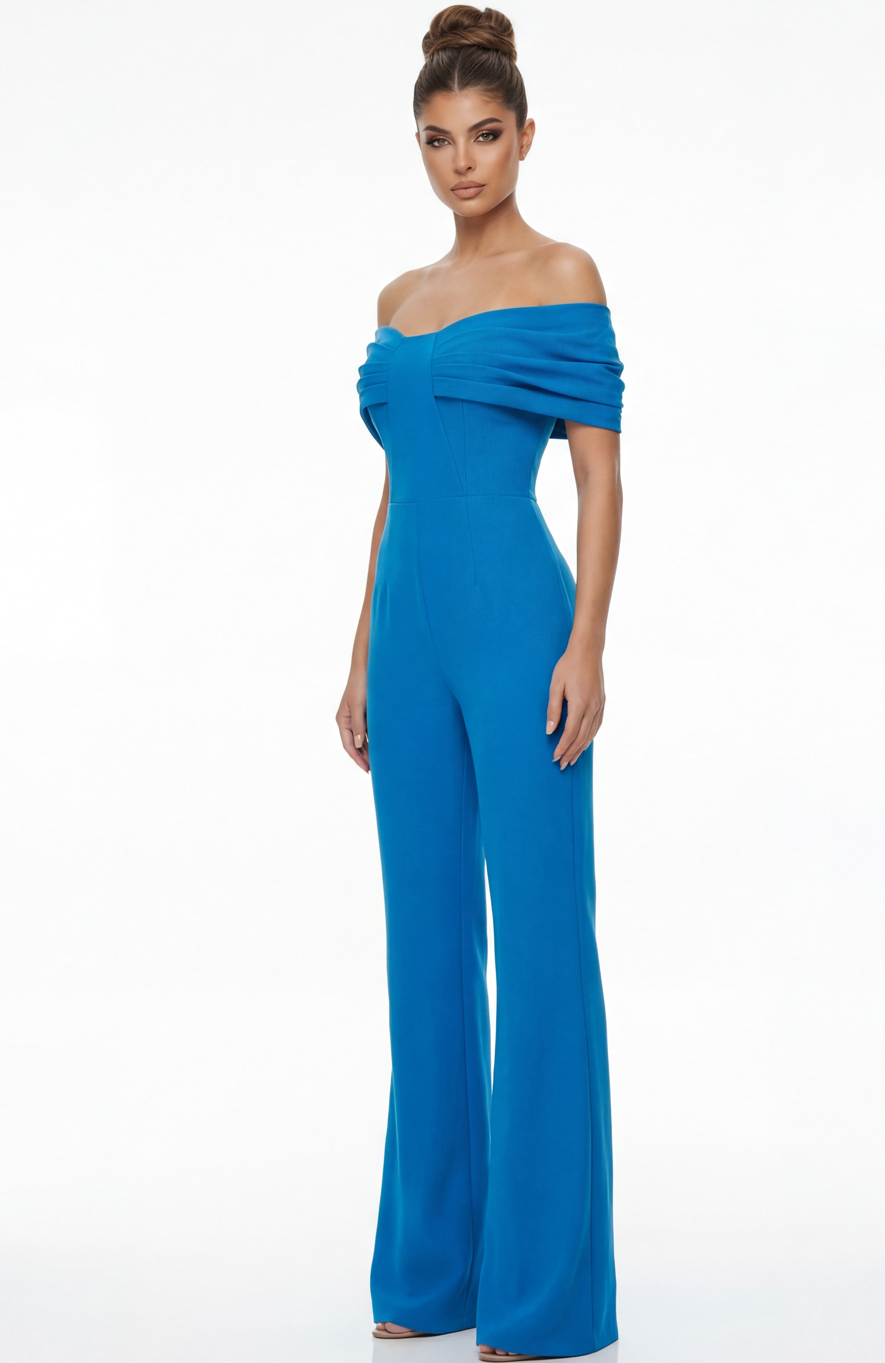 Front view of off shoulder tailored jumpsuit with pleated bodice and flowing wide leg silhouette