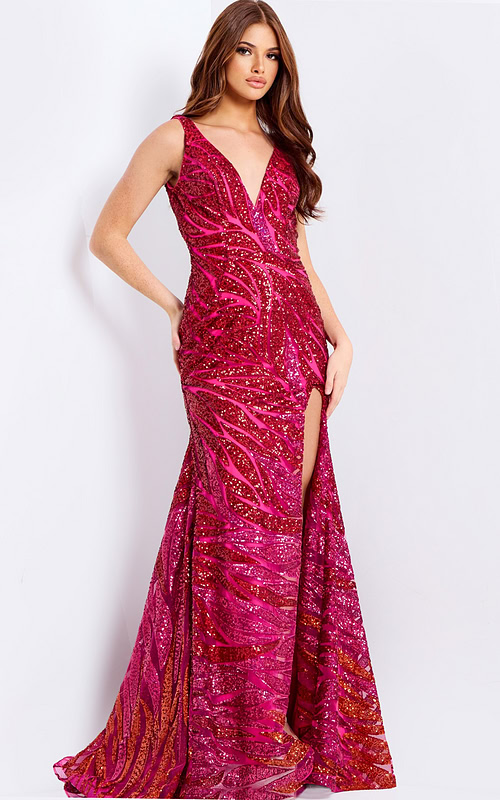 Hot pink sequin prom dress with V-neck and slit