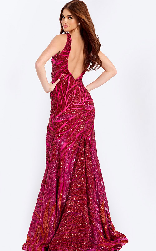 Fitted pink glitter gown with deep neckline