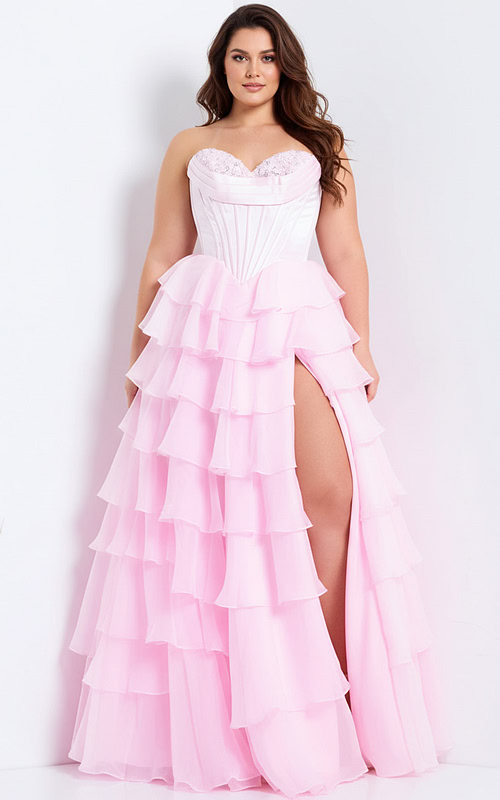 Strapless Pink Ball Gown with Corset Bodice and Ruffle Skirt