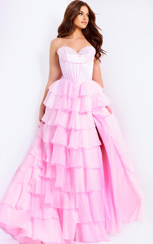 Romantic light pink ruffled prom dress